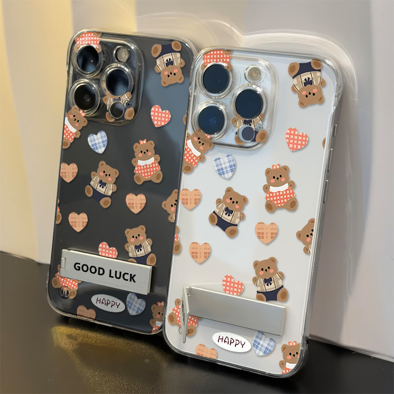玩偶小熊iPhone15适用12超薄华为mate70手机壳带支架OPPOReno14硬13高级感苹果16promax无边框透明红米TURBO4