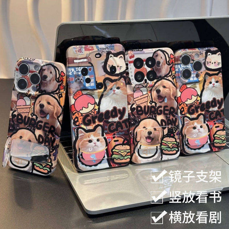 iPhone16手机壳硬15带镜子支架14plus适用OPPOFindx8情侣汉堡猫狗苹果13菲林12ProMax创意VIVOx200个性iQOOz9