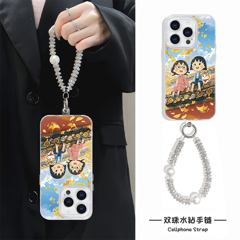 高级感12适用15promax樱桃小丸子OPPOfindx8卡通s20可爱iPhone16羽纱苹果14plus手机壳带挂绳iQOO13硬s20女款