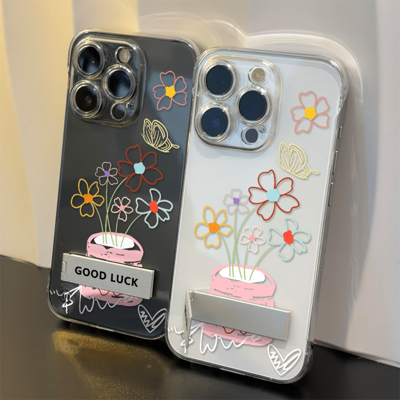 iPhone13苹果12适用ins风线条花朵OPPOReno15无边框VIVOx300超薄14PLUS手机壳带支架硬小米17PRO透明16ProMax