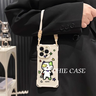 潦草星星小怪16plus斜挎手腕挂绳iPhone14防摔15手机壳软华为NOVA12卡通x300四角开孔13透明苹果17ProMax适用