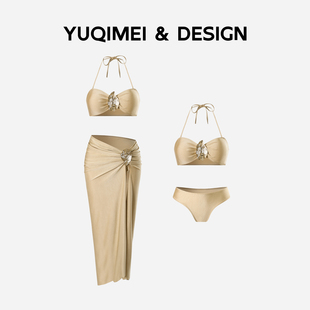YUQIMEI性感纯欲抹胸比基尼三件套新款 长裙高开叉温泉度假泳衣女