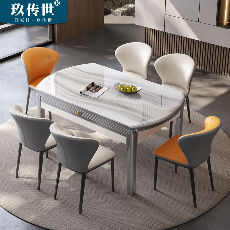 轻奢超晶石可伸缩餐桌实木圆桌方圆两用微晶石大理石折叠吃饭桌