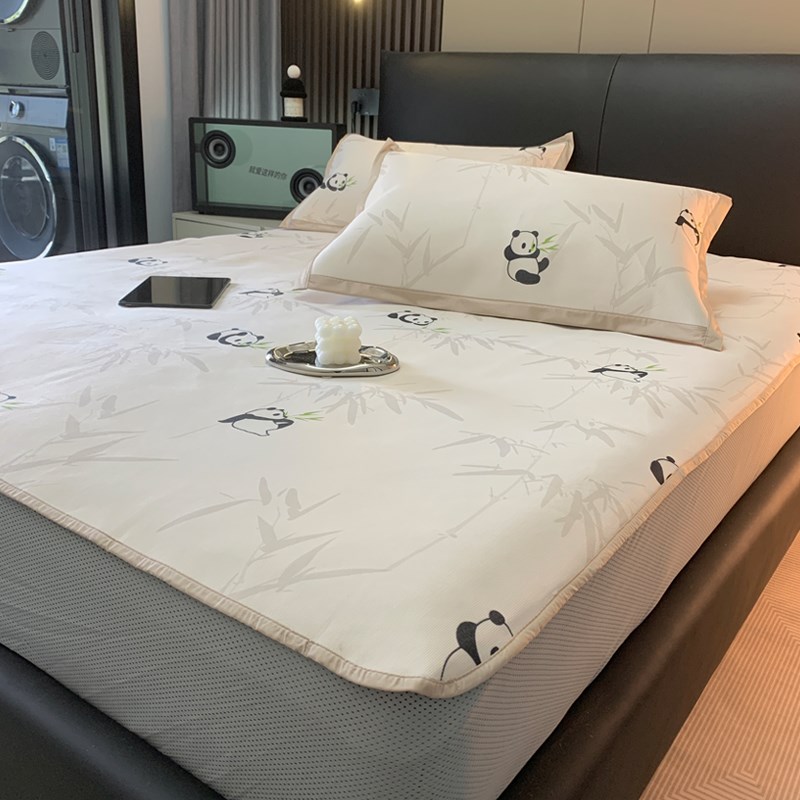 夏季凉感可爱卡通熊猫冰丝凉席三件床笠款冰藤席可机洗空调软席