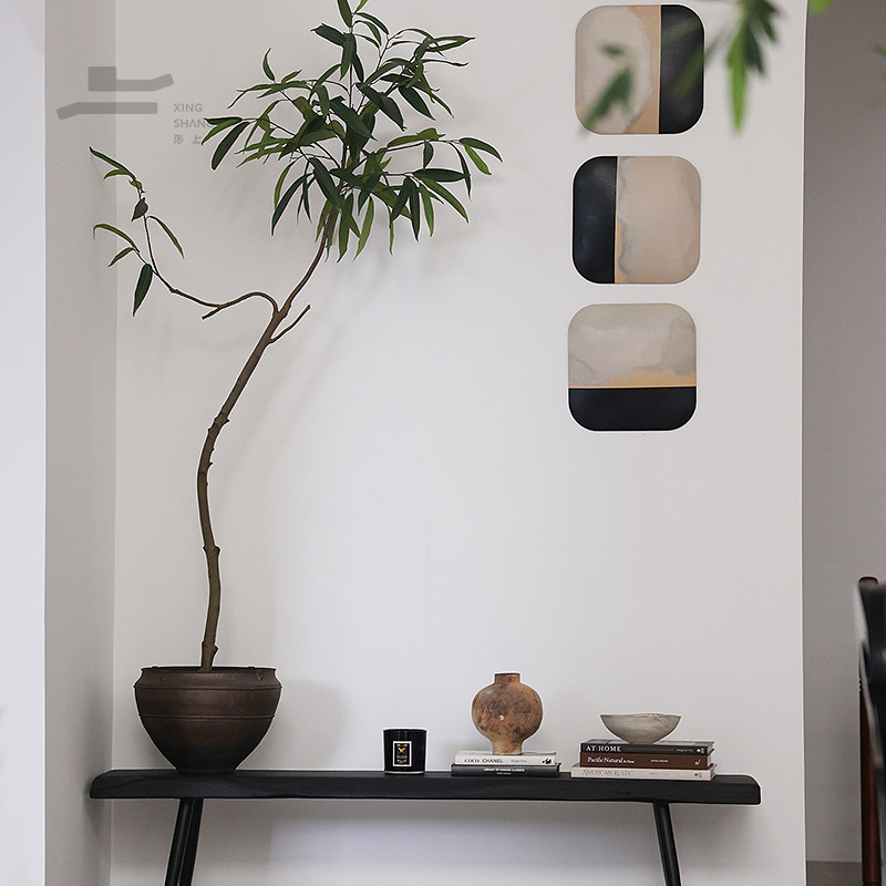 侘寂风仿真绿色物长叶榕金属锈色陶瓷客厅转角装饰品民宿器