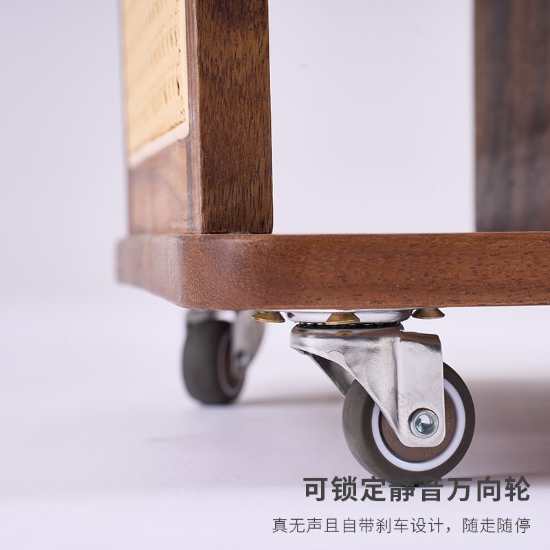 格菲莉黑胡桃木藤编小推车边几实木边几收纳客厅可移动沙发小茶几