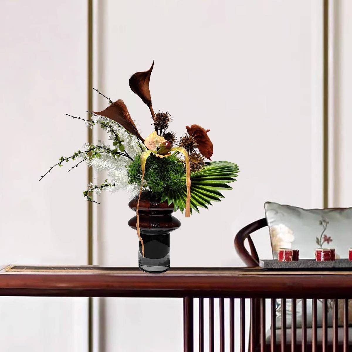 新中式酒店桌展厅洽谈花艺高端TEV摆桌件家居电视柜茶几假花装饰