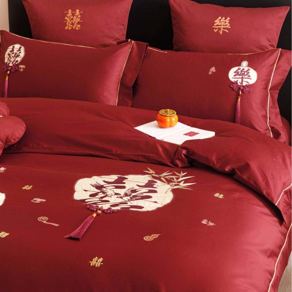 浪漫庆婚全长绒棉棉四件套式红色喜RDV乐刺绣中结婚纯棉被套婚房