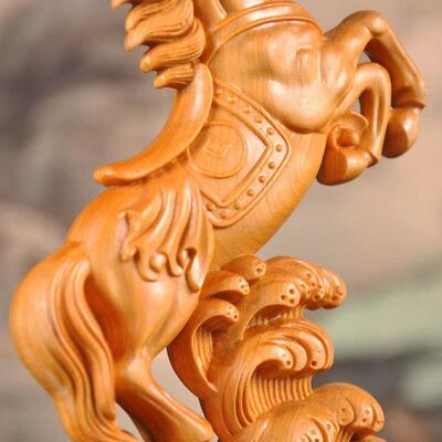 崖柏马精雕摆件檀底座实艺铭仙苑木艺马工品创工意桌艺面摆件小品