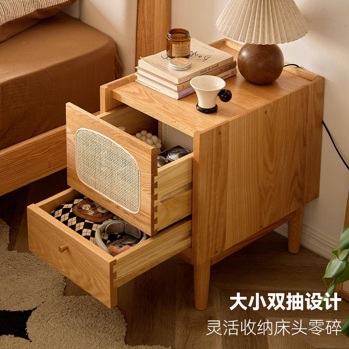 收纳小七家子实木藤编木头床边密藤床头柜小带灯的柜户型床头柜简