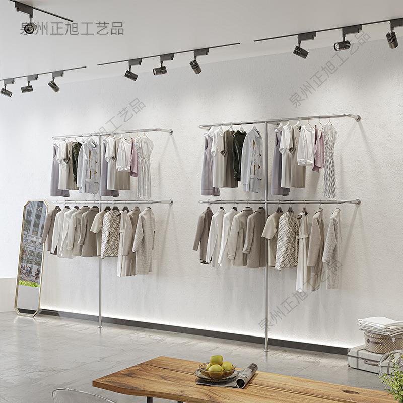 服装店展示架壁挂式童装挂衣架双层陈列架女装店上墙不锈钢货架