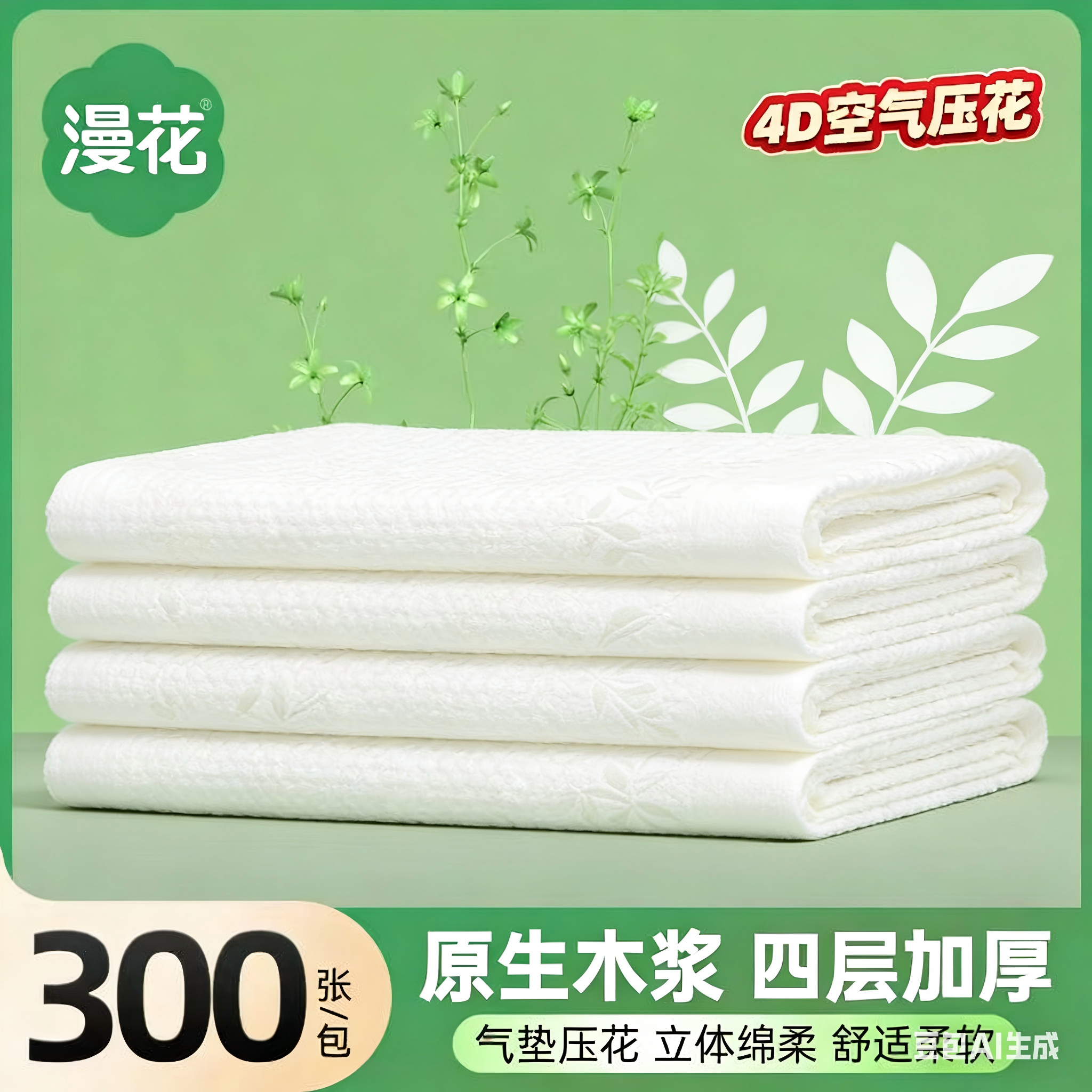 漫花4D空气压花原生木浆可做洗脸巾四层加厚吸水不掉毛300张,运动包/户外包/配件,冷汗巾,淘宝优惠券,粉丝福利购,淘宝优惠卷
