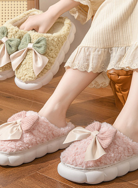 2025新款秋冬季可爱蝴蝶棉拖鞋女士月子保暖室内厚底毛毛拖鞋