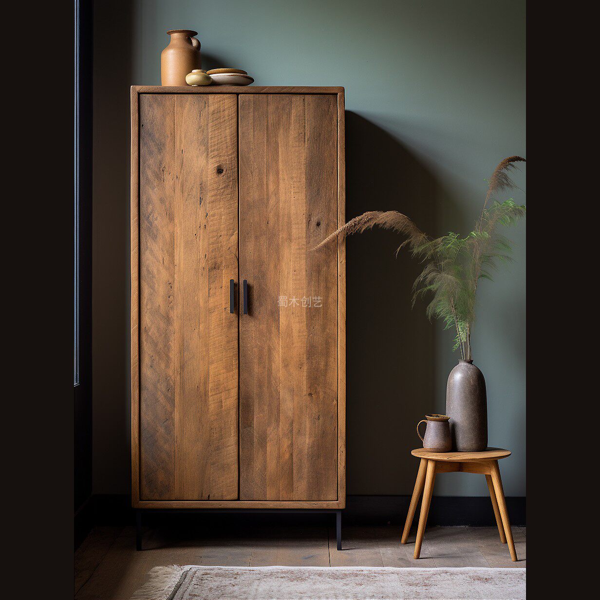 复古全实木衣橱整体一个中古风对开双开门单个衣柜主卧民宿独立柜