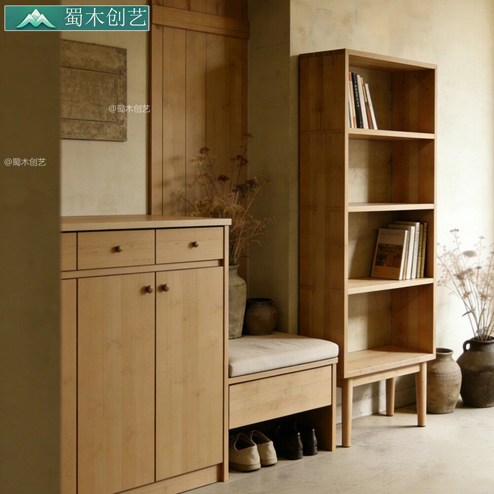蜀木创艺实木书架落地多层储物展示柜简约百搭玄关台衣帽架组合