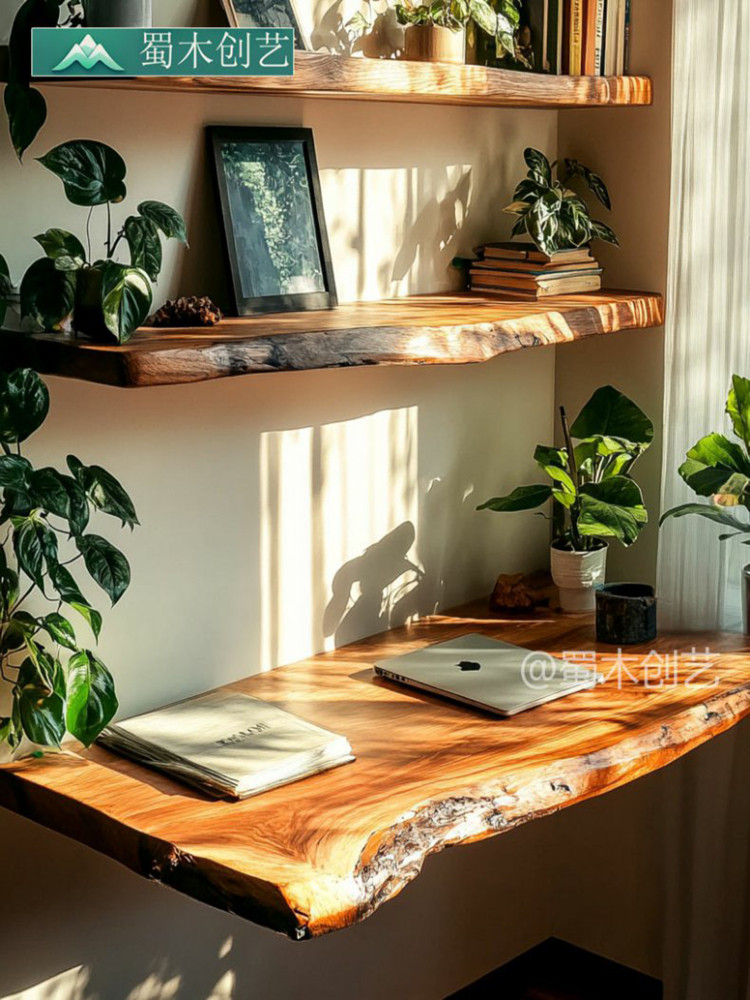 覆古实木一字隔板墙上收纳置物架不规则木板悬浮壁挂书架书桌厨房