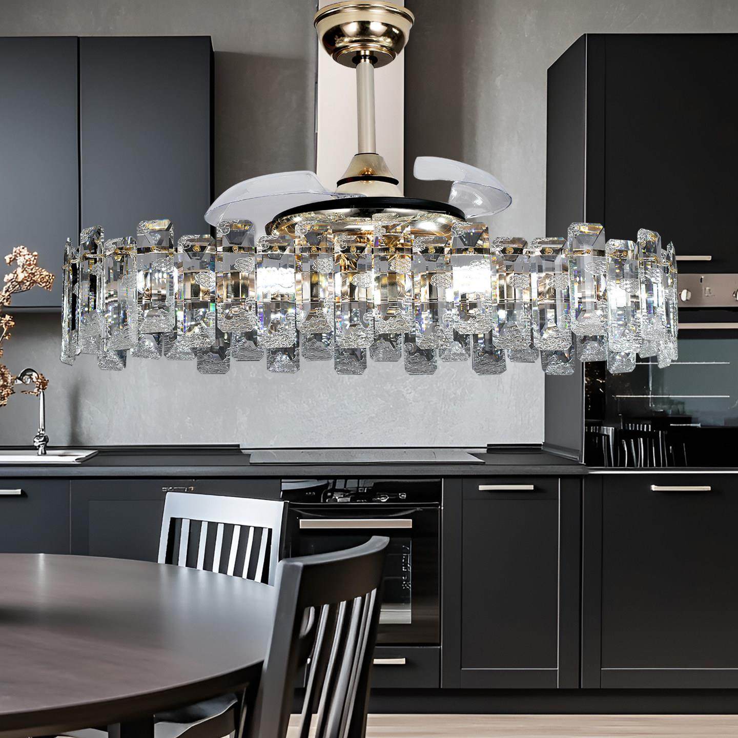 新款长方形水晶风扇吊灯三色变光全铜电机智能语音遥控,家装灯饰光源,风扇灯,淘宝优惠券,粉丝福利购,淘宝优惠卷