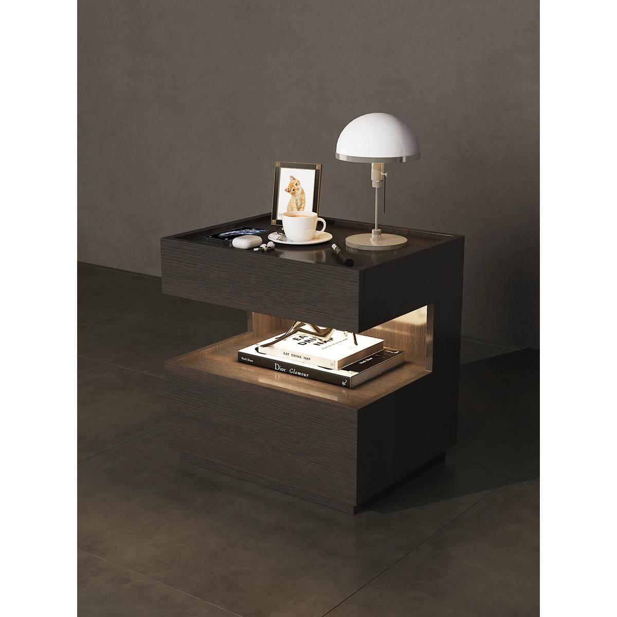 意式极简悬浮床头柜镂空式加灯实木床边柜北欧卧室床边储物收纳柜