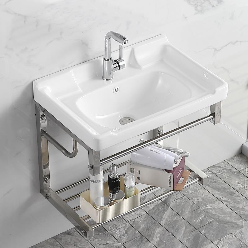 阳台挂墙式洗手盆卫生间一体陶瓷洗脸盆不锈钢支架洗漱池防水加深