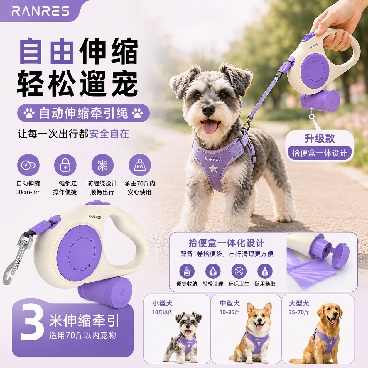 冉物宠物牵引绳自动伸缩狗狗牵引绳防爆冲狗绳中小大型犬带拾便器
