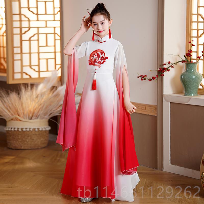正品女童汉服中古国风中大琴童飘逸水儿童筝演出服长笛钢袖长裙表