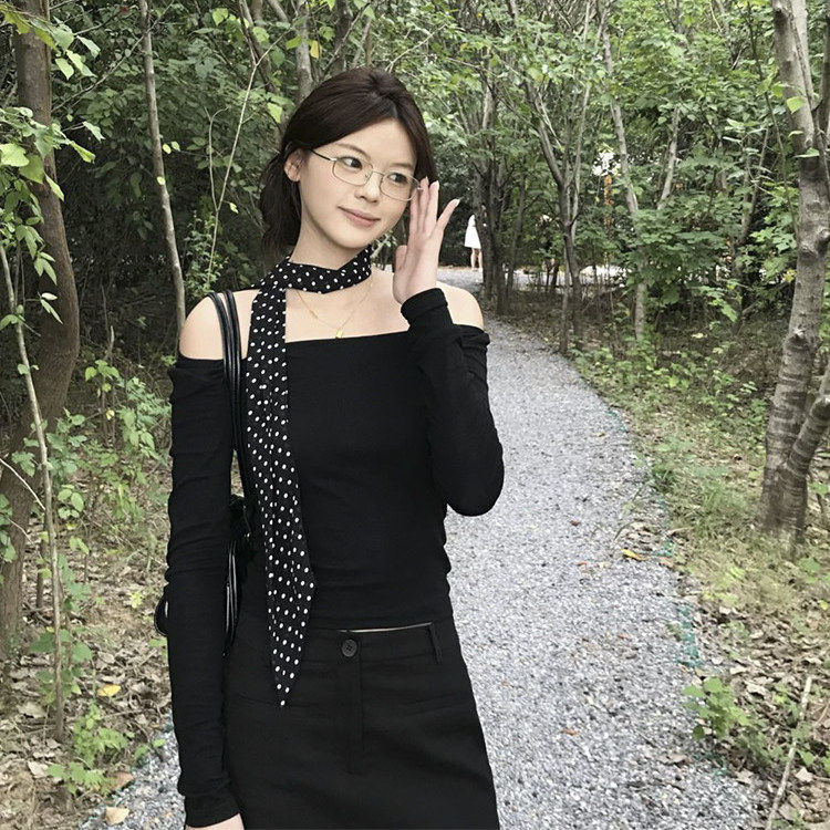 复古韩系黑波点长条丝巾百搭