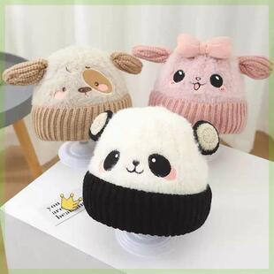 儿童帽子2024秋冬新款女童毛绒帽宝宝熊猫护耳帽保暖超萌套头帽厚