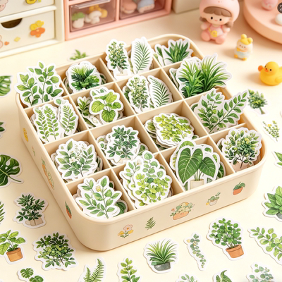 50张清新ins小绿植卡通自粘贴画