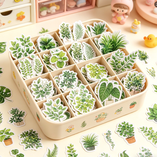 50张清新ins小绿植卡通自粘贴画