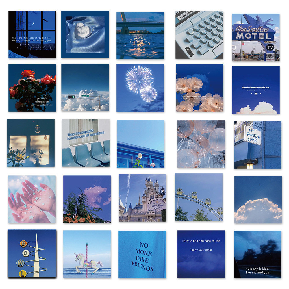 50张治愈系蓝色风景ins贴纸装饰行李箱电脑手账手机防水贴画易撕