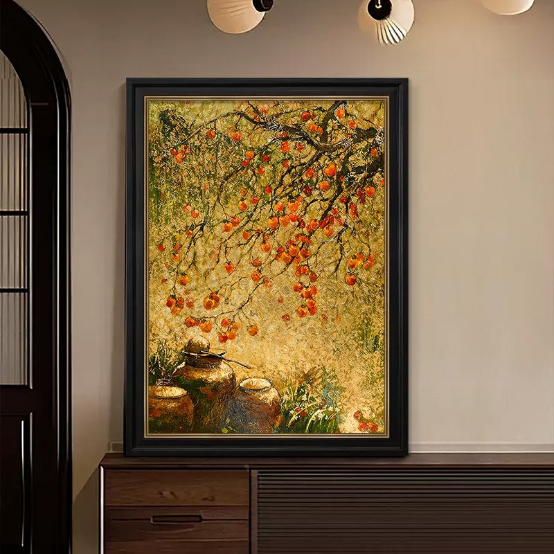 装饰画客厅纯手绘油画中古风玄关高级感挂画沙发背景墙画柿事如意图片