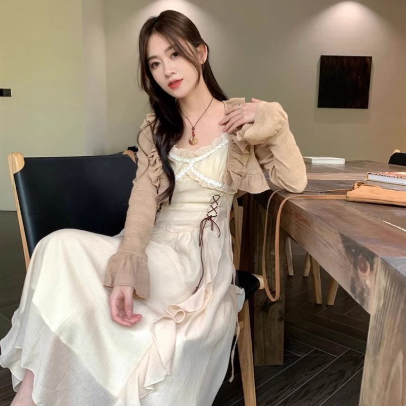 茶歇法式荷叶边开衫吊带连衣裙z两件套装仙女森系夏气质海边度假