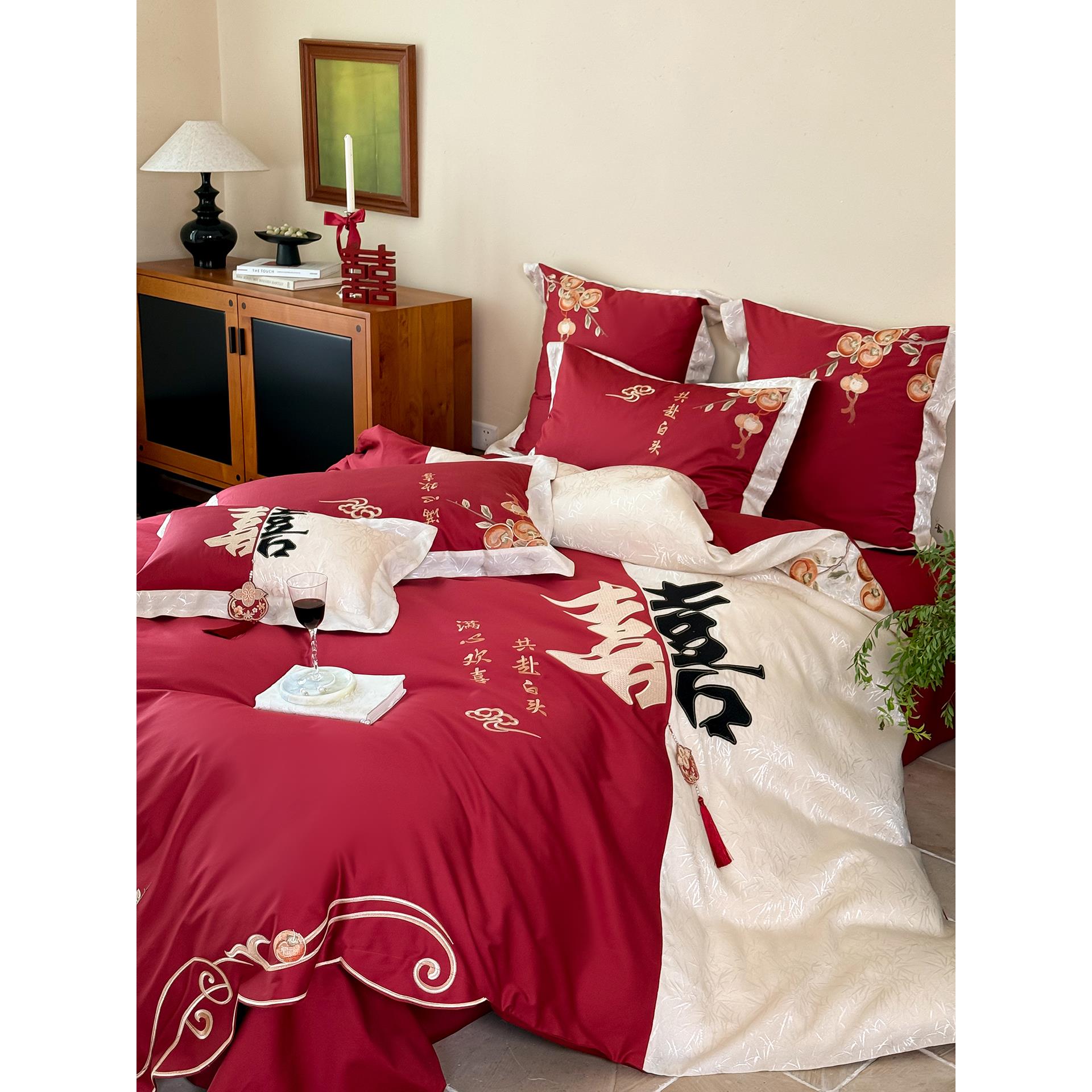 中式浪漫婚庆四件套100S全棉喜字柔丝棉拼接被套红色结婚喜被床品