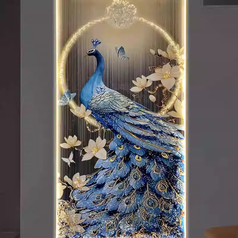 晶瓷镶钻装饰画客厅孔雀玄关过道走廊挂画新中式壁画led灯画图片