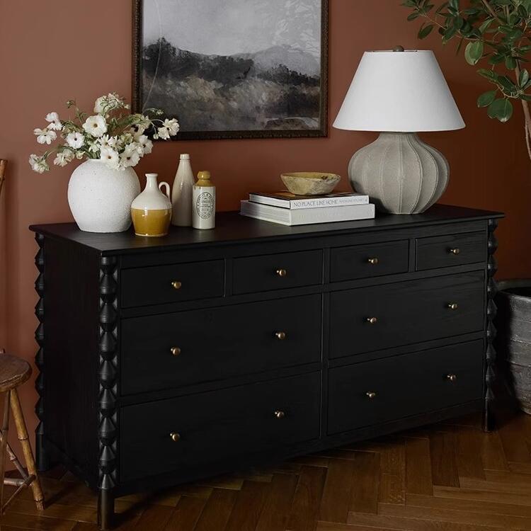 法式实木斗柜法式复古餐边柜黑色八斗柜储物柜卧室收纳柜客厅玄关