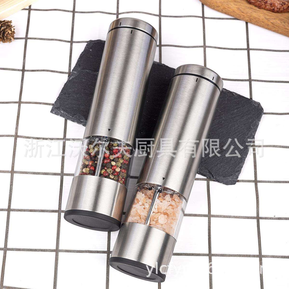 跨境不锈钢电动胡椒磨超好用电动胡椒研磨器套装带黑色架子调料