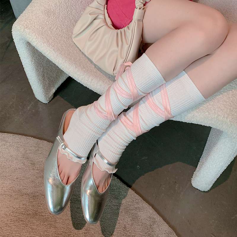 春夏薄款芭蕾风白色堆堆袜套中筒袜交叉马卡龙绑带木耳边踩脚脚套
