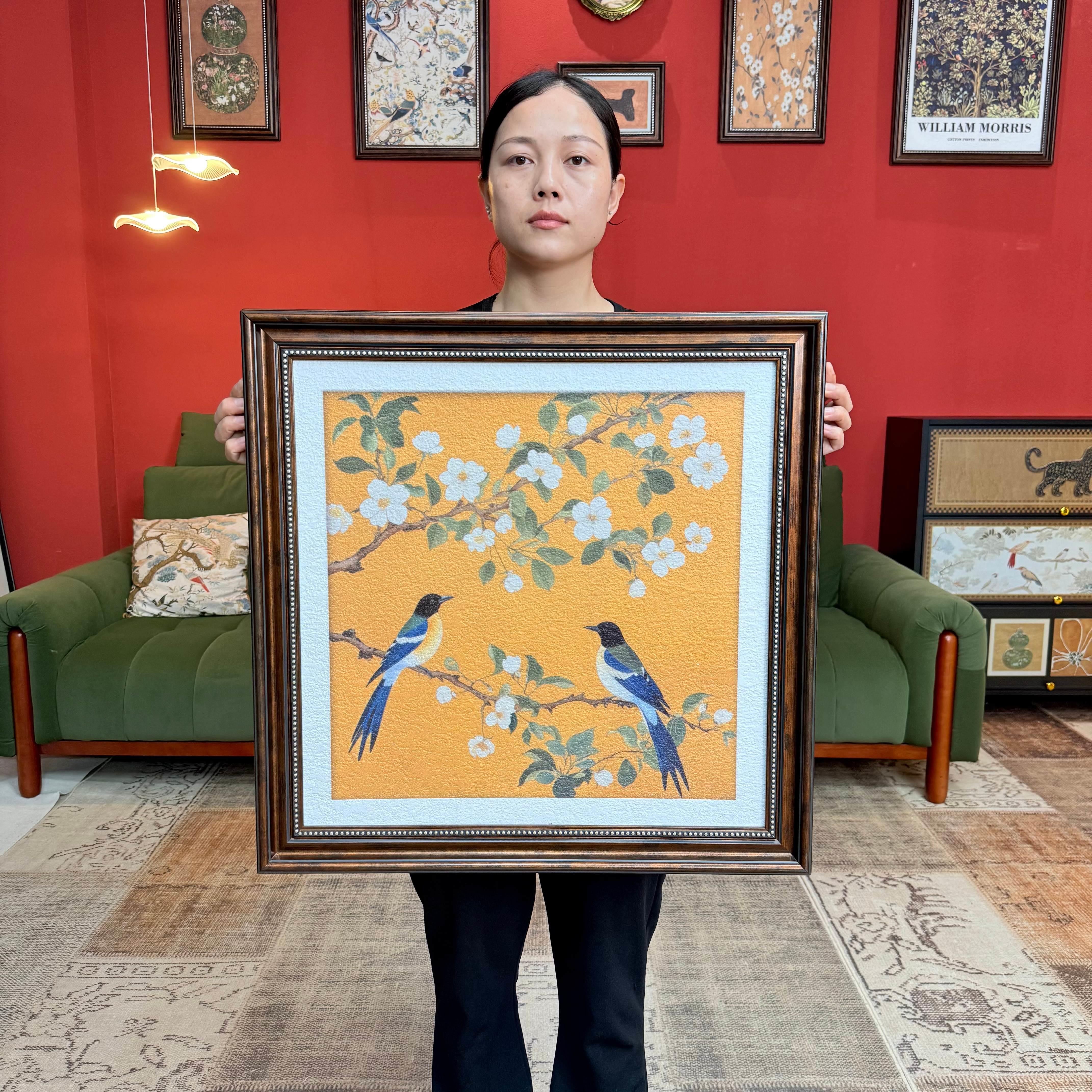 黄色 喜上眉梢 中古风客厅装饰画玄关画F009原创卧室床头挂画6060