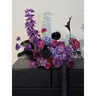 原创高质感婚礼派对餐桌桌花仿真花玫红暗黑布置摆件婚房装饰假花