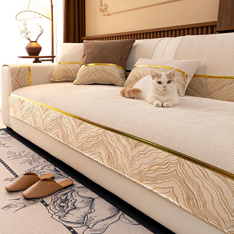 Doa雪尼尔沙发垫2025新四季通用现代镀金边真皮靠背套防滑