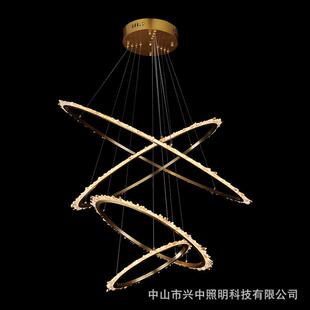 轻奢天然水晶吊灯高端全铜圆圈客厅卧室别墅大厅灯餐厅楼梯间灯具