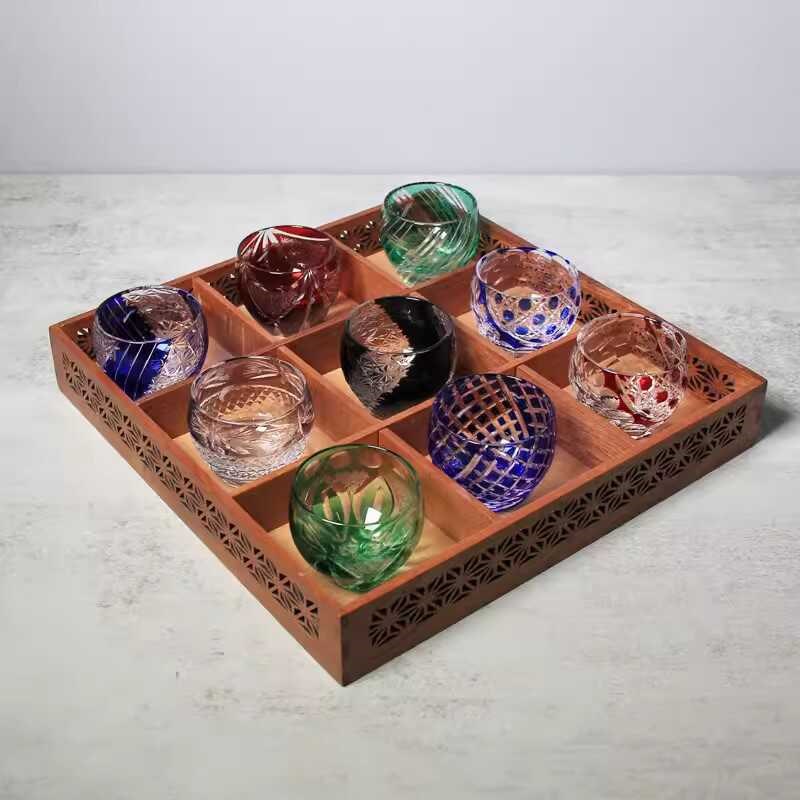 日式江沪切子清酒杯家用果酒杯手工雕刻杯烧酒杯九宫格甜酒杯套装