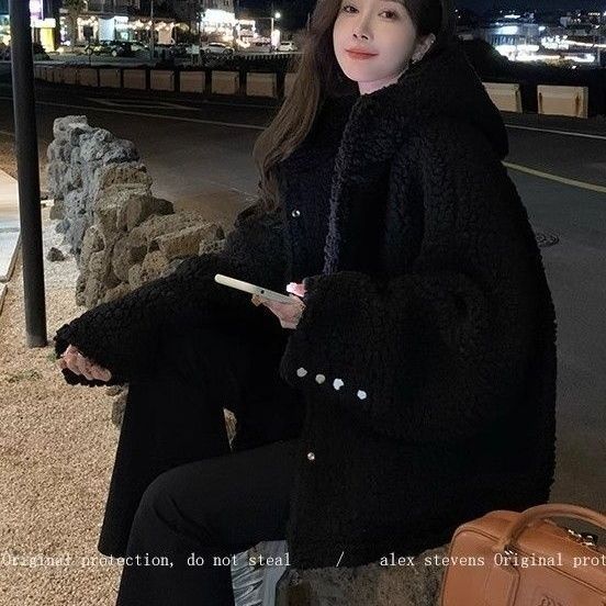 毛毛外套黑色冬季新款宽松连帽夹棉加厚小个子大衣女休闲款短外套