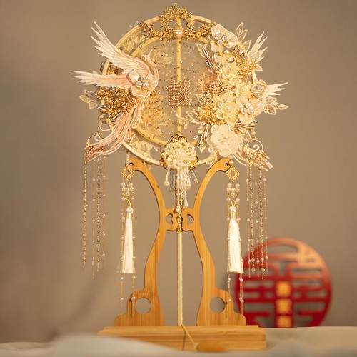 新娘中式团扇结婚成品扇子婚礼出嫁双面喜扇diy材料包重工花瓣扇