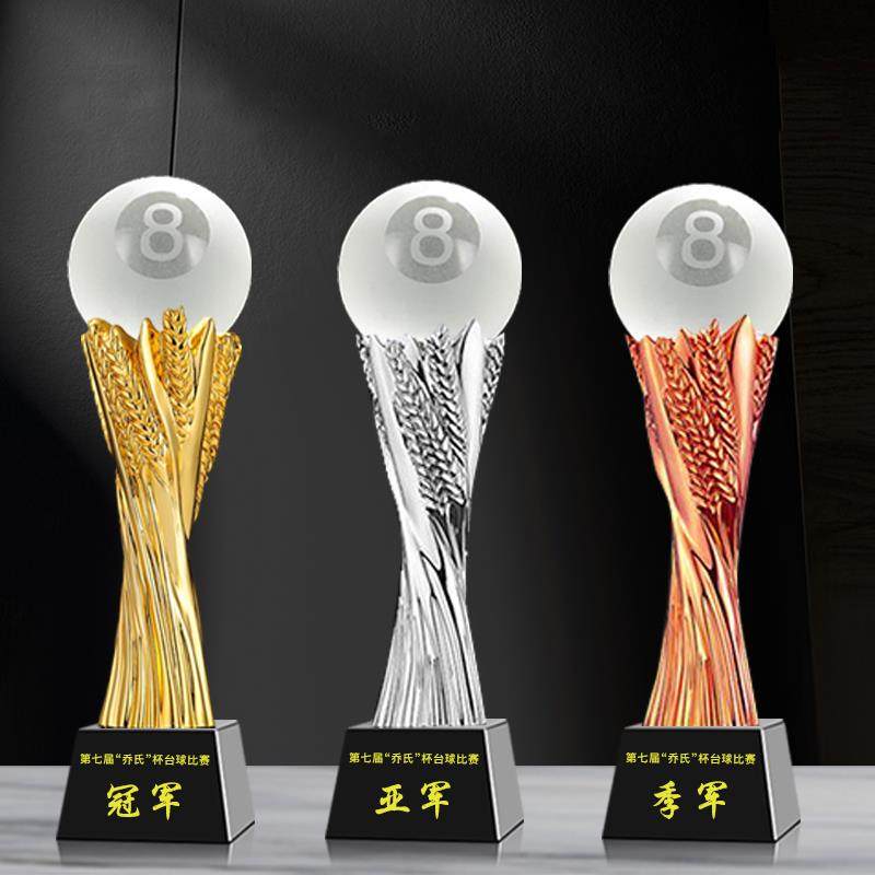 黑八台球水晶奖杯定制树脂桌球小金人创意司诺克比赛冠军送证书
