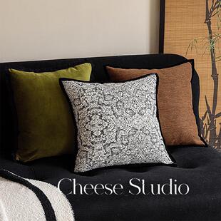 中古老钱风抱枕复古橄榄绿色黑边棕色客厅沙发样板间民宿靠垫枕套