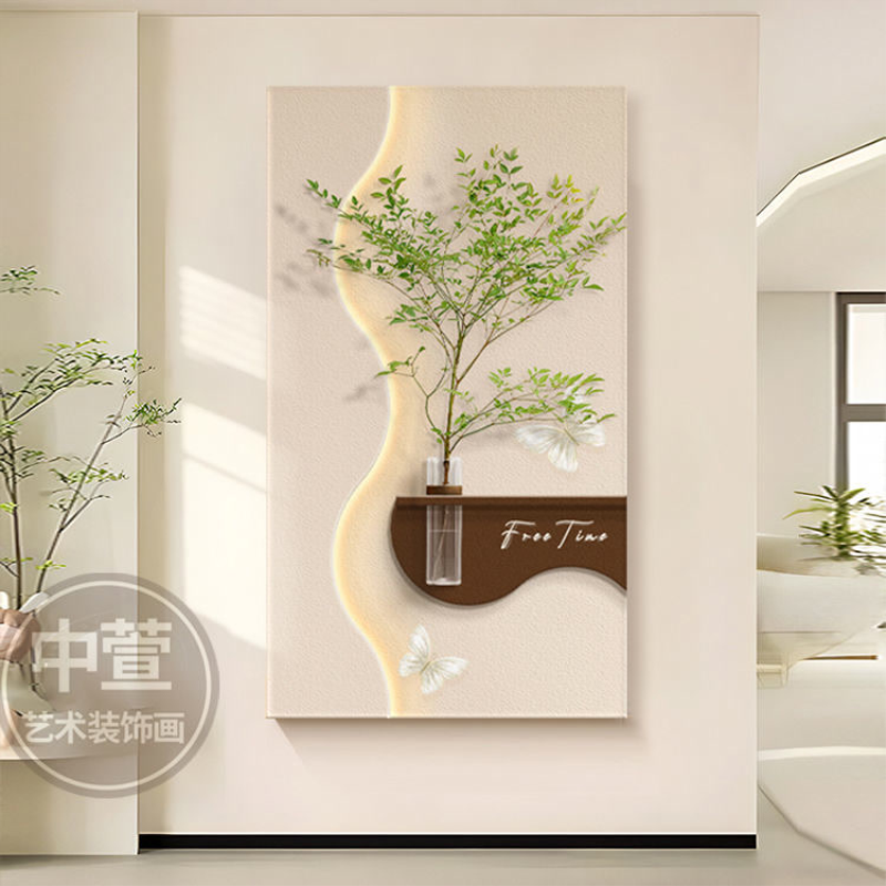 2025新款奶油风水培绿植过道玄关砂岩画灯光装饰画立体创意壁画