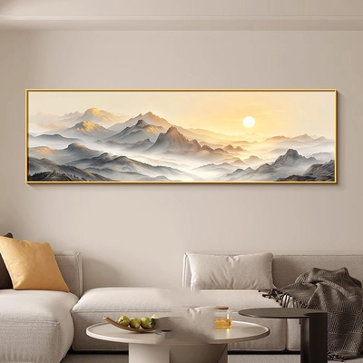 2024款靠山背景画客厅沙发背景墙挂画旭日东升山水画办公室装饰画