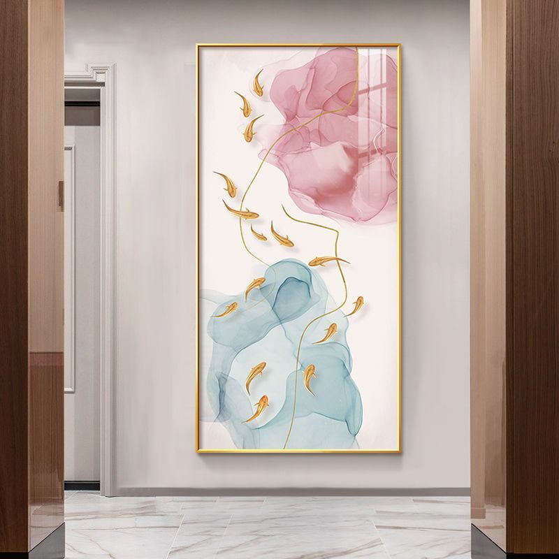 现代轻奢进门玄关装饰画入户走廊过道竖版壁画九鱼图北欧高档挂画图片