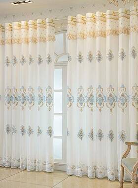 简欧绣花层纱布一体窗帘成品客厅透光透不人室双阳台窗卧41270纱